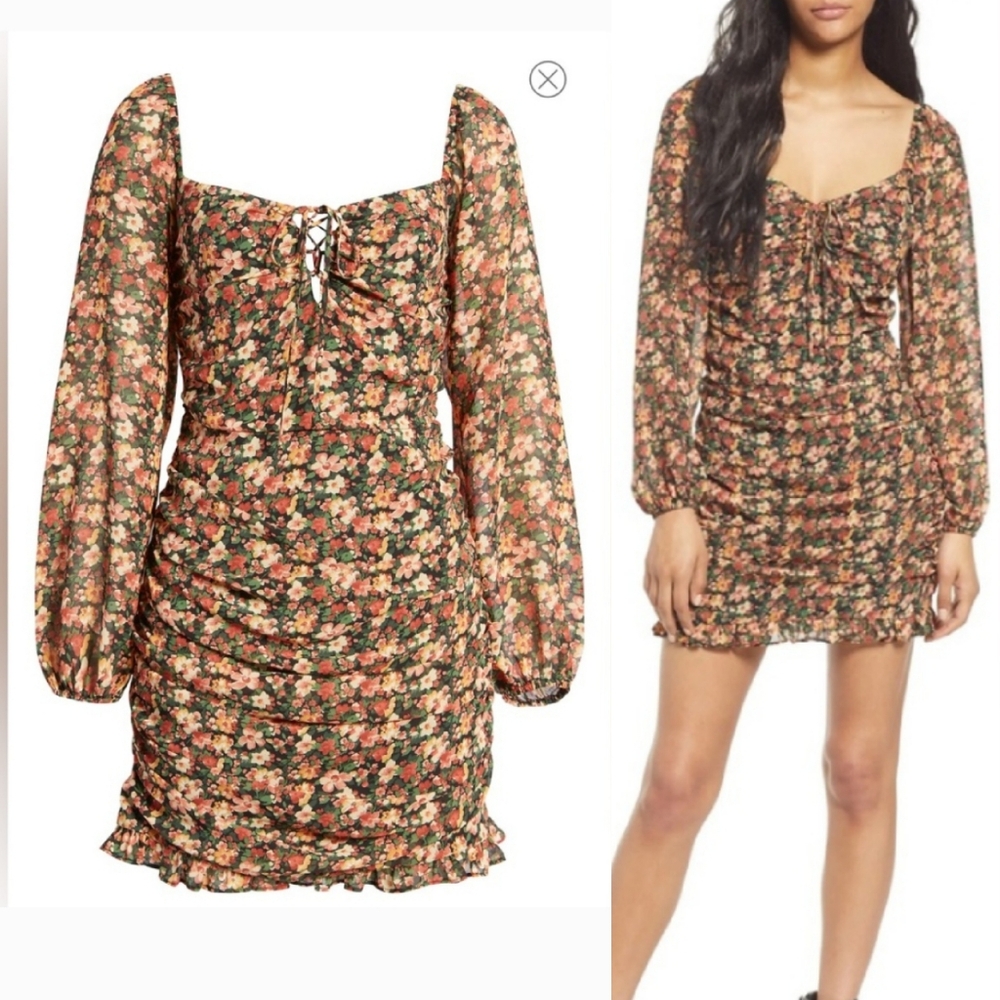 Floret Studios Long Sleeve Rouched Mini Dress Floral Small